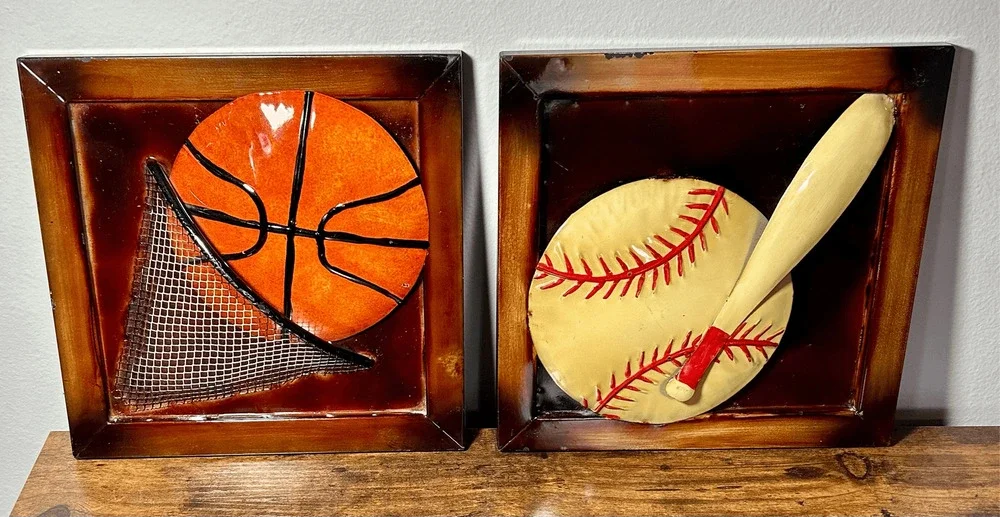 Children’ Room Metal Wall Art- Basketball & Baseball- 12.5”x12.5”
